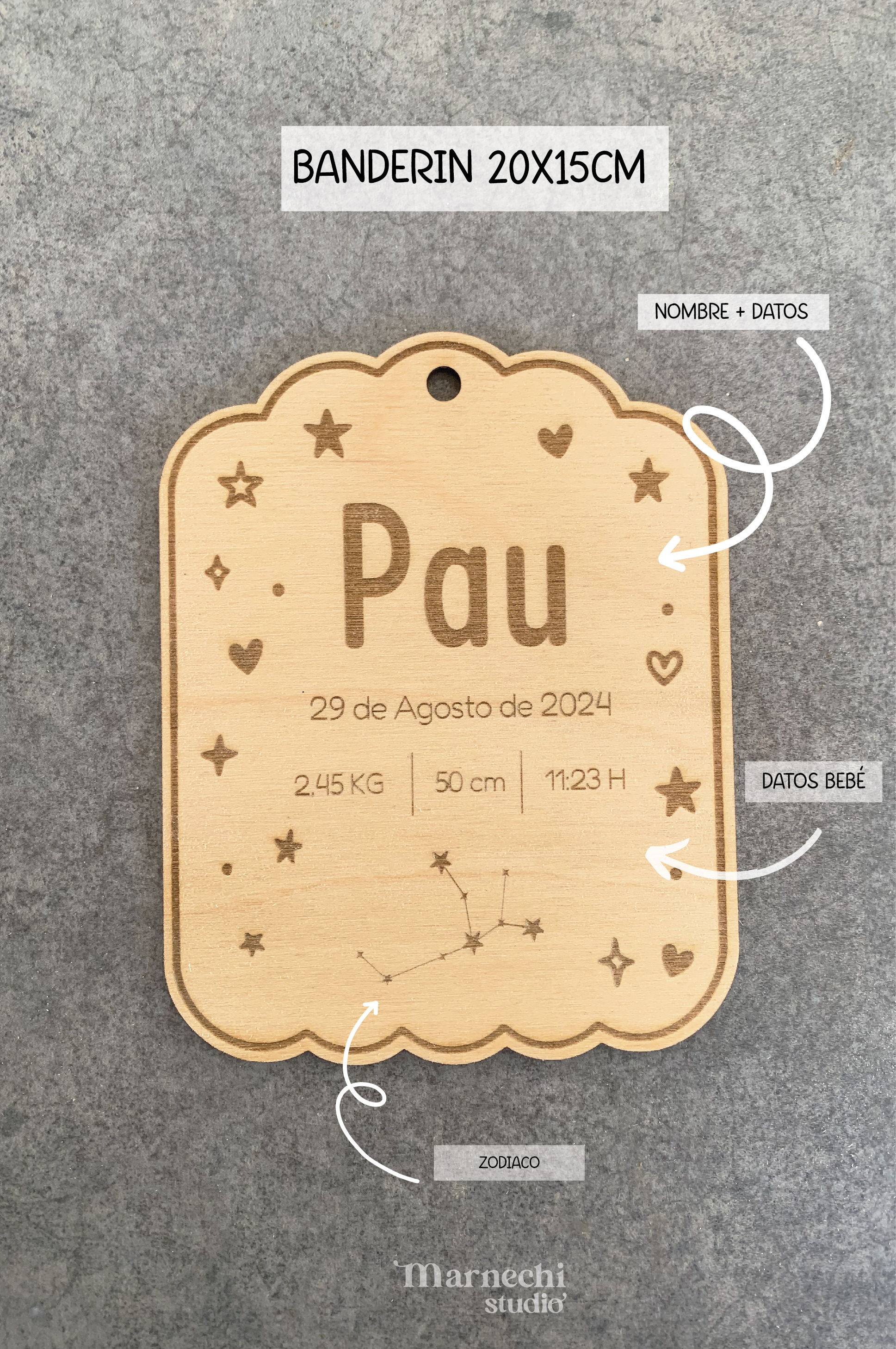 banderín de madera datos bebé
