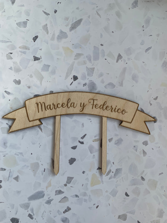 Banderín de madera para tarta personalizado con texto