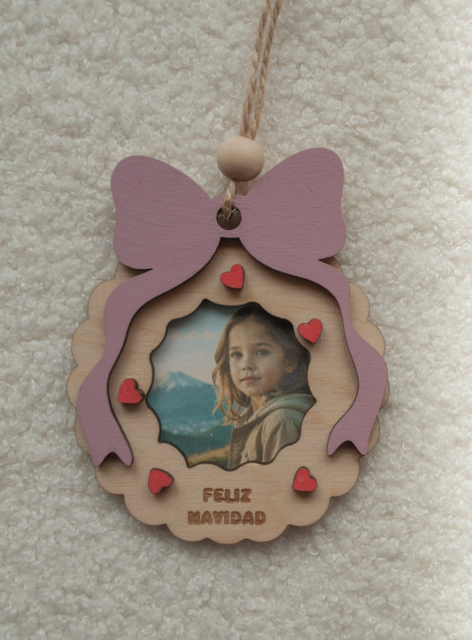 Adorno portafotos de madera con lazo rosa personalizado
