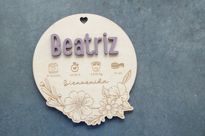 Placa de nacimiento con fecha, hora, peso y medida personalizados