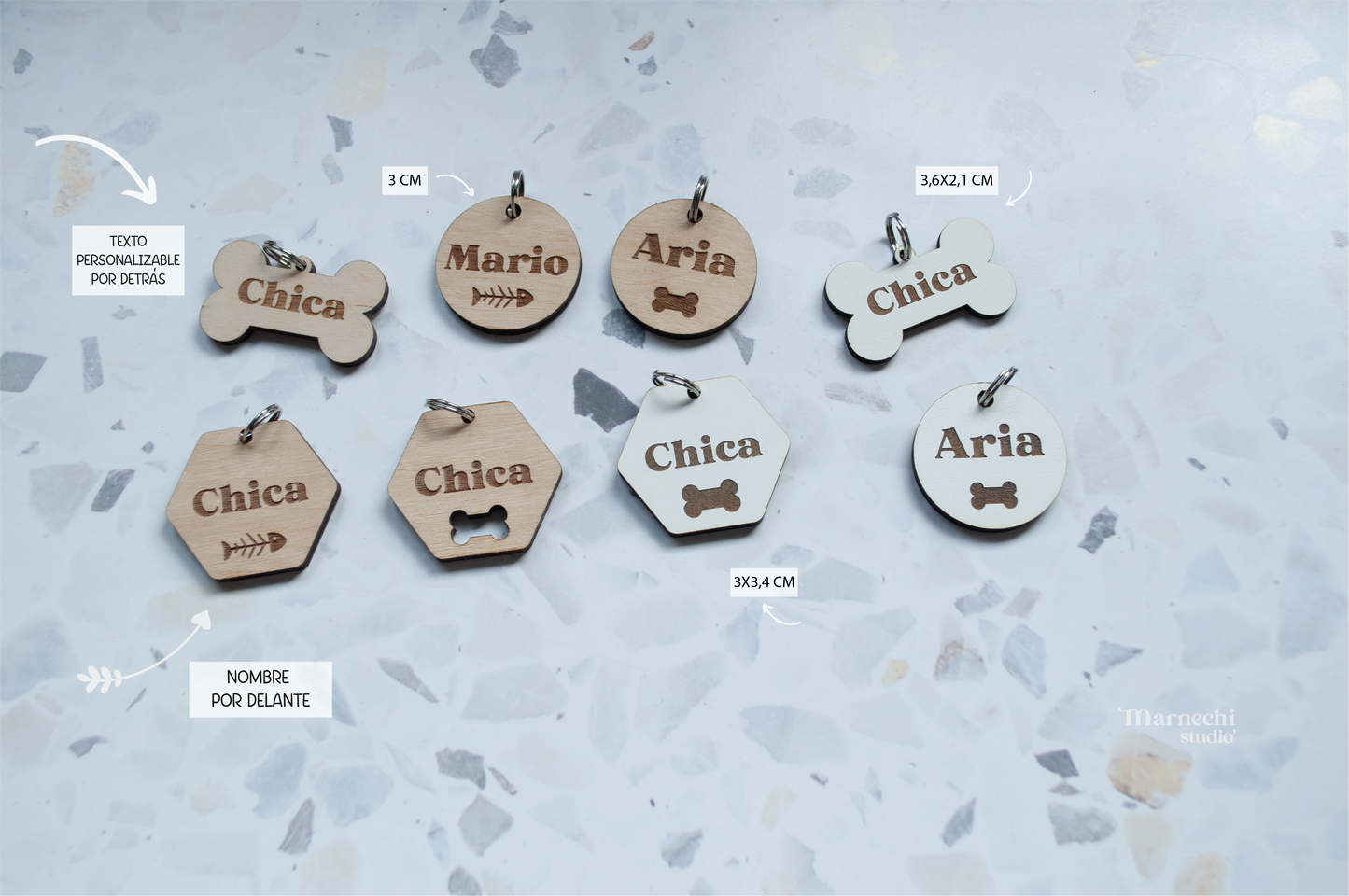 Chapa para mascota de madera personalizada con nombre