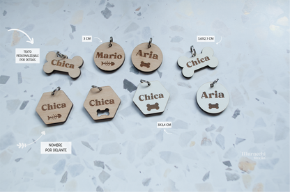 Chapa para mascota de madera personalizada con nombre