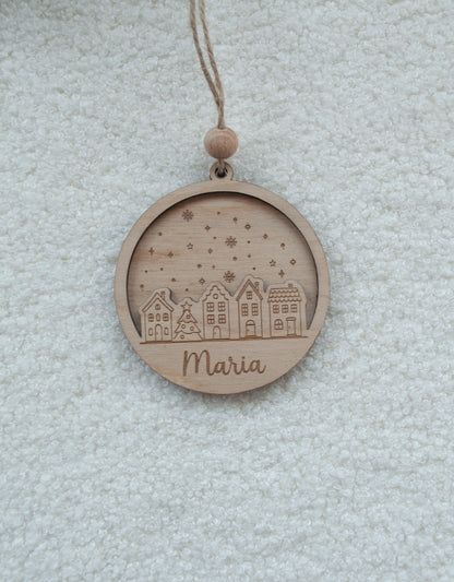 Adorno de madera personalizado con forma de bola de nieve para árbol de Navidad