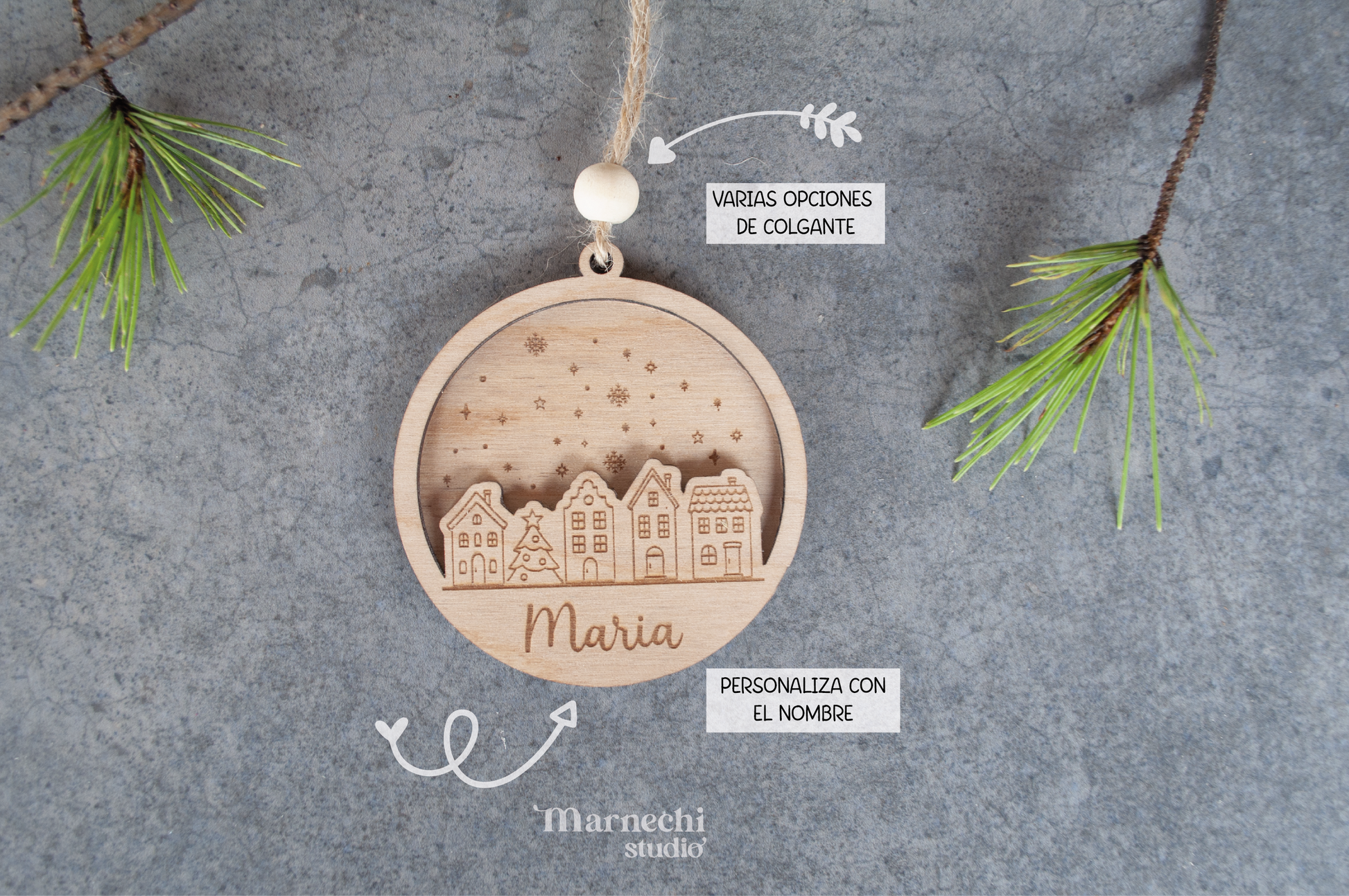 adorno con pueblo navideño