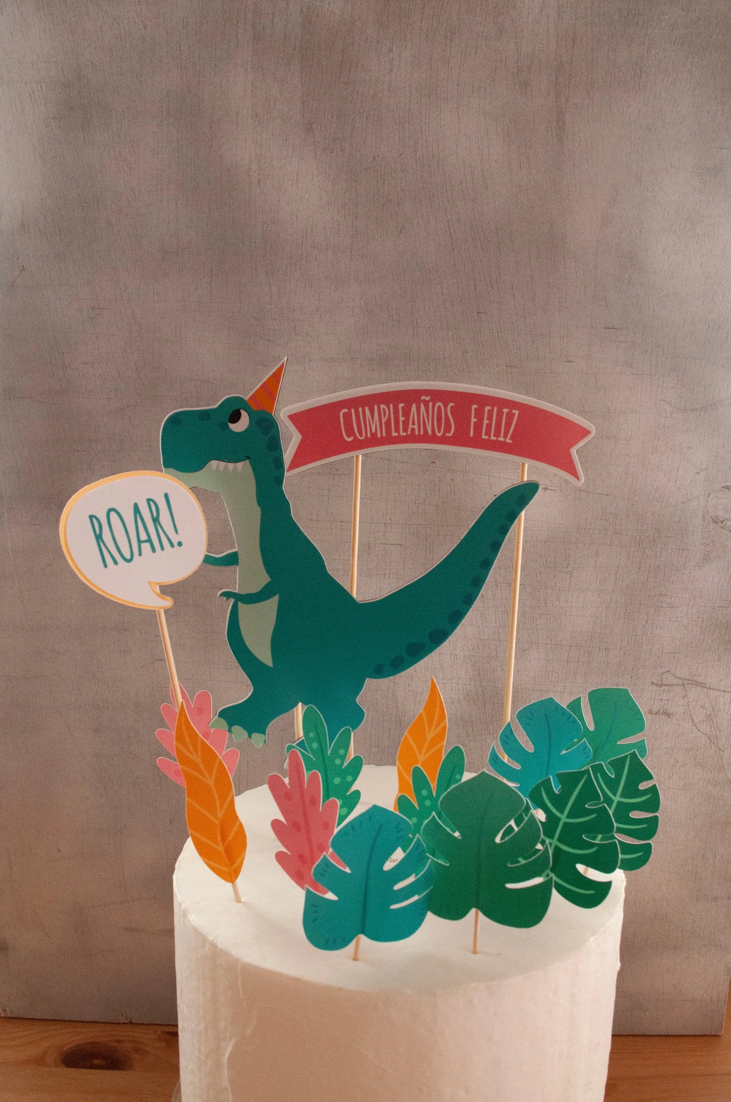 Toppers de madera dinosaurio, burbuja y letrero para tarta