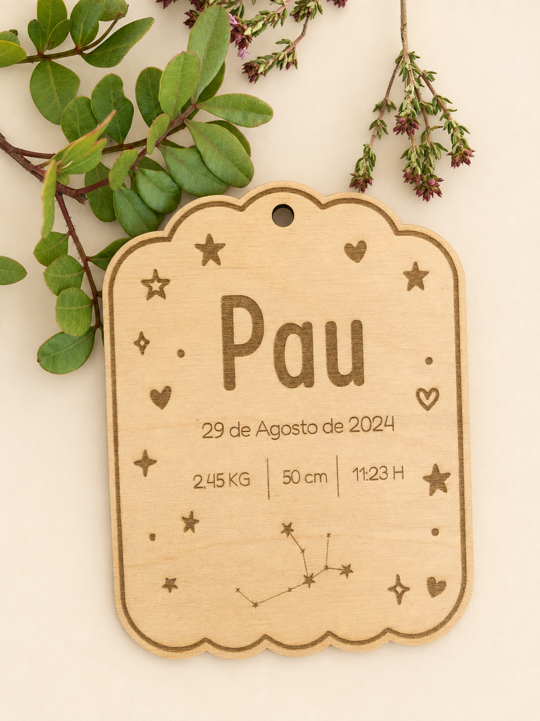 Detalle de la placa natal con nombre, fecha, peso, altura y hora