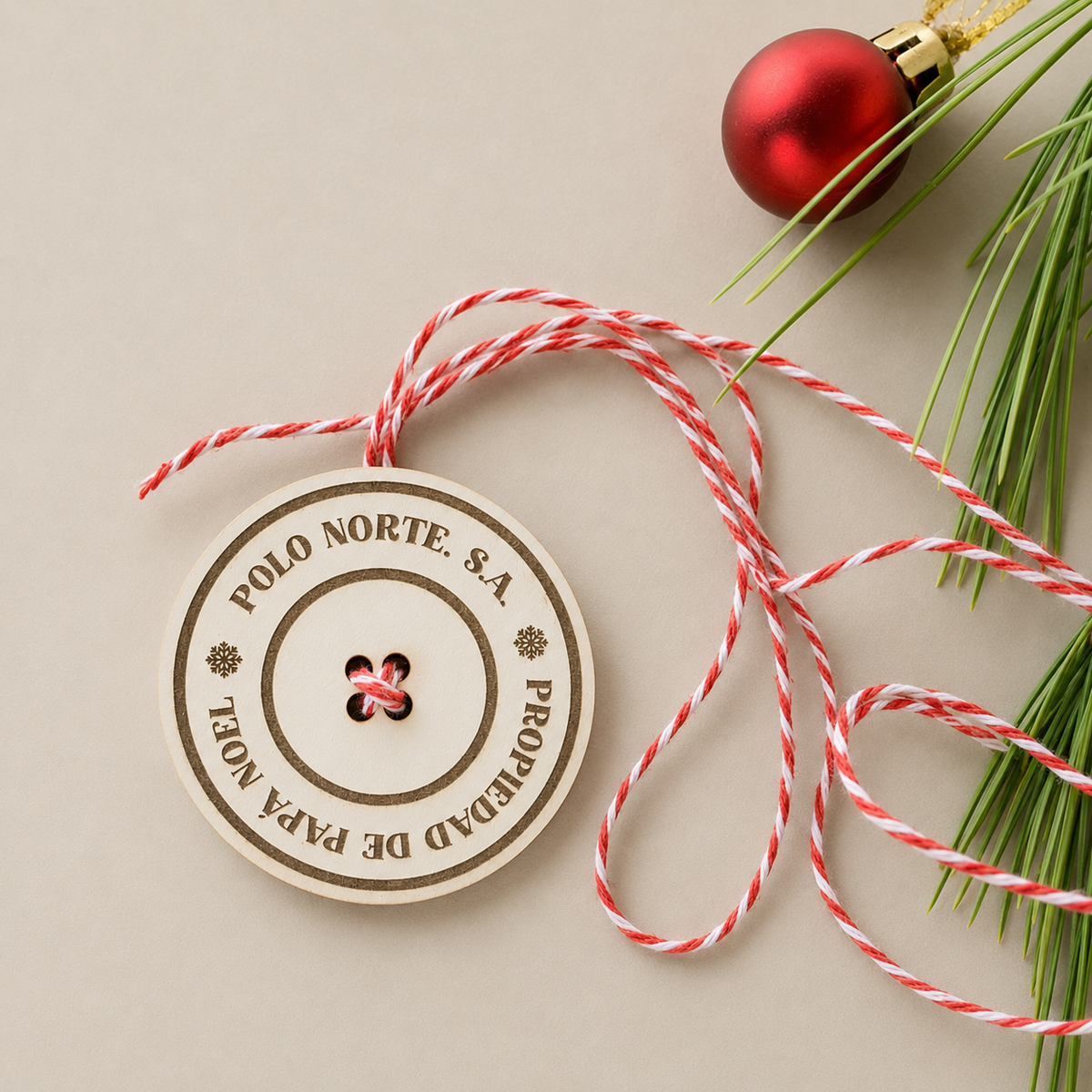 Detalle del botón perdido de Papá Noel en MDF blanco