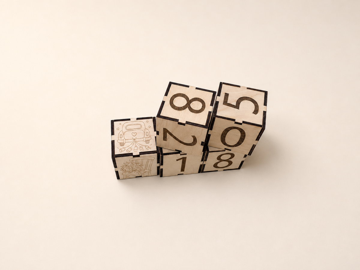Cubos numéricos de madera apilados para la cuenta atrás de boda