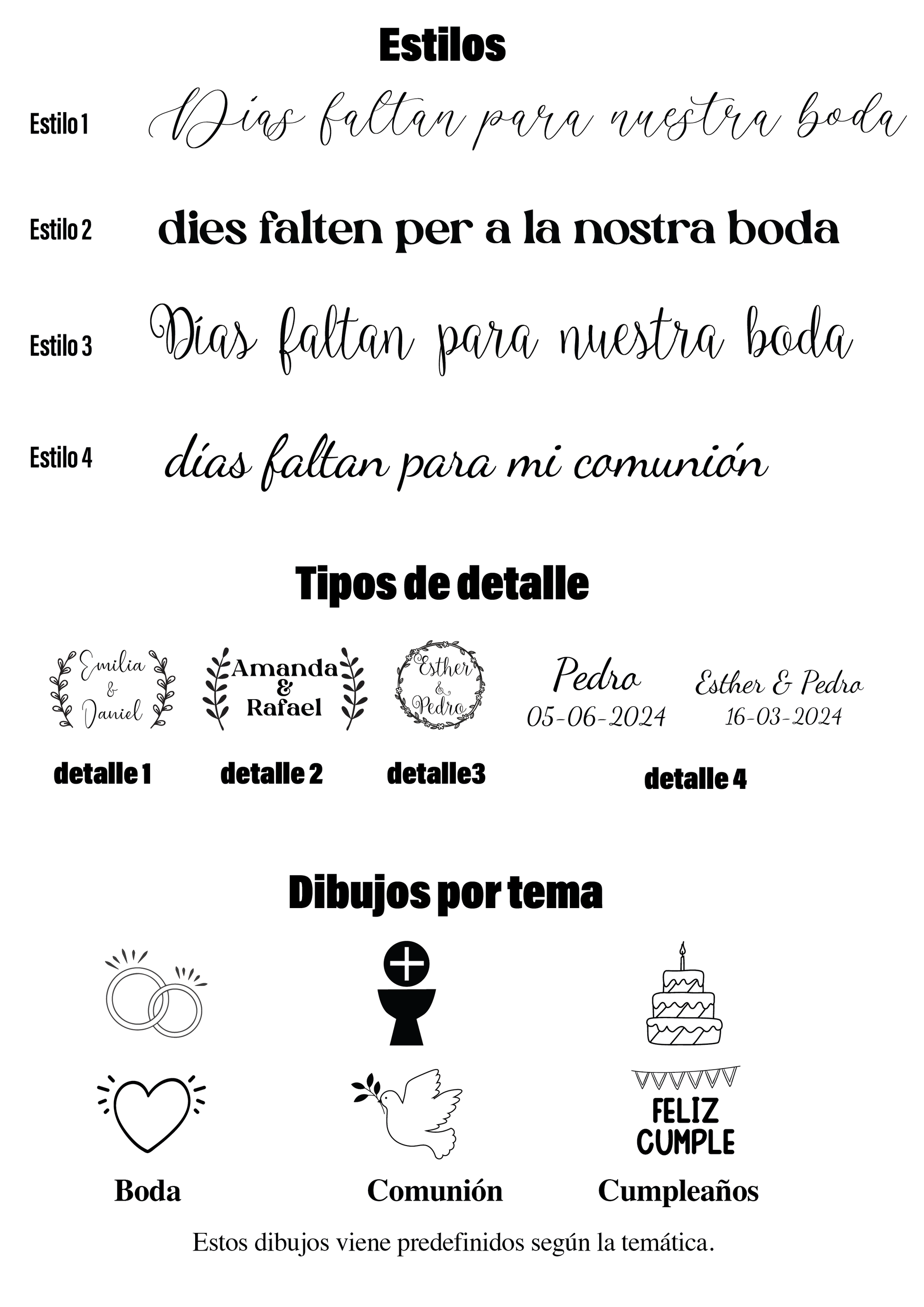 Ejemplos de estilos de tipografía y detalles grabados disponibles para personalizar la cuenta atrás de madera.