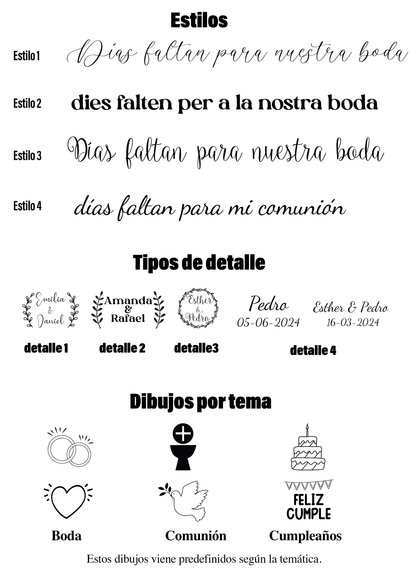 Ejemplos de estilos de tipografía y detalles grabados disponibles para personalizar la cuenta atrás de madera.