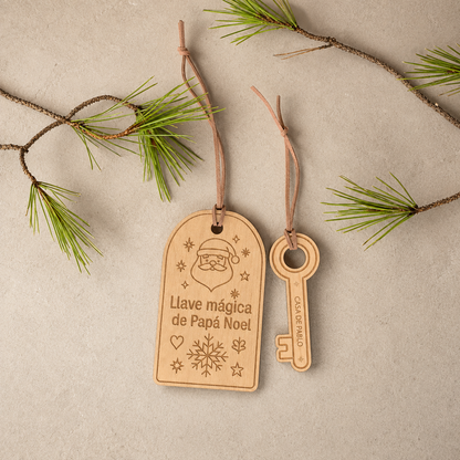 Conjunto de llave mágica de Papá Noel de madera con cordones