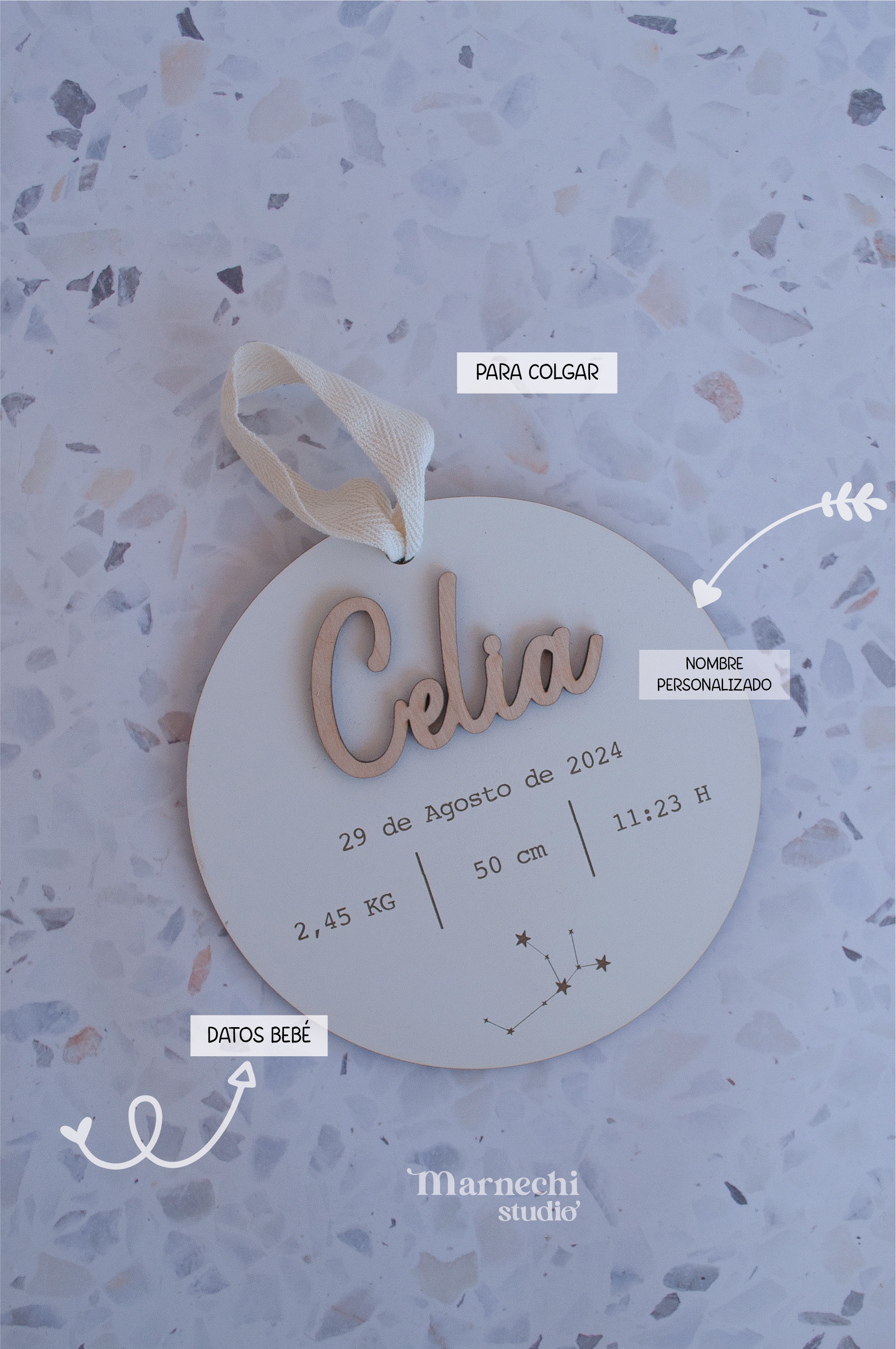 Placa de nacimiento personalizada en madera con nombre, fecha, peso, altura y signo del zodiaco - Diseño artesanal blanco