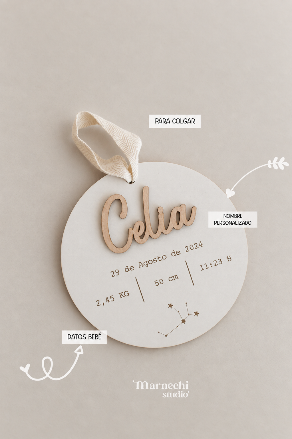 Placa de nacimiento personalizada con datos del bebé y zodiaco